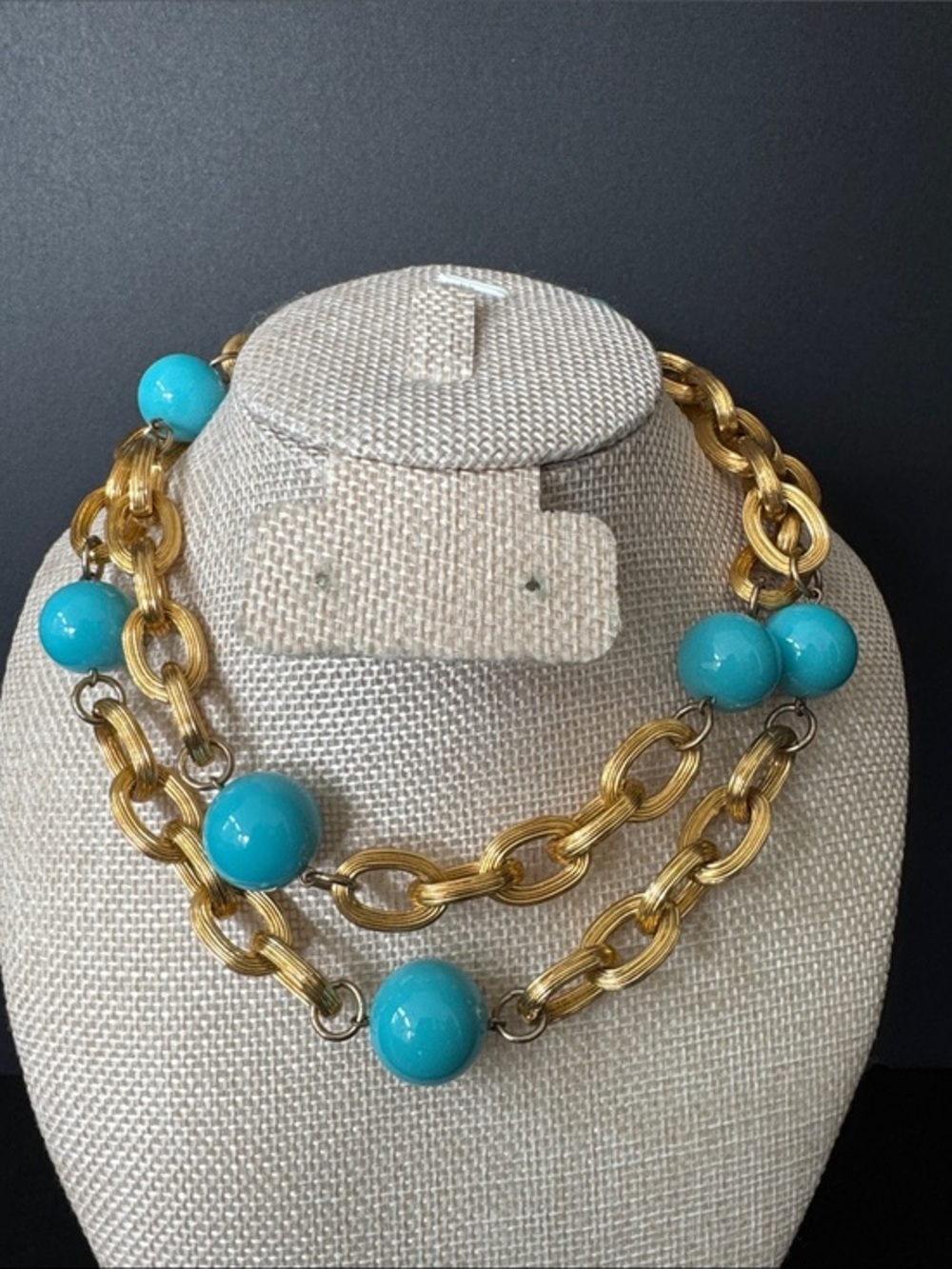VTG Les Bernard Costume Jewelry Turquoise Bead Gold Plated Link Necklace